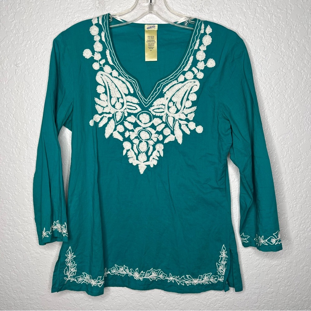 Guess Vintage 3/4 Sleeve Blue Blouse Embroidered Boho.